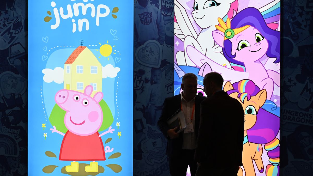 LONDON, ENGLAND - OCTOBER 04: Posters showing Peppa Pig and My Little Pony characters are displayed at the Hasbro stand during the Brand Licensing Europe at ExCel on October 04, 2023 in London, England. Brand Licensing Europe (BLE) event is dedicated to licensing and brand extension, bringing together retailers, licensees and manufacturers for three days of deal-making, networking and trend spotting. (Photo by John Keeble/Getty Images)