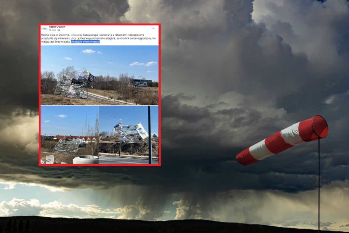 Niebezpieczna sytuacja w Olsztynie. Wiatr przewrócił konstrukcję