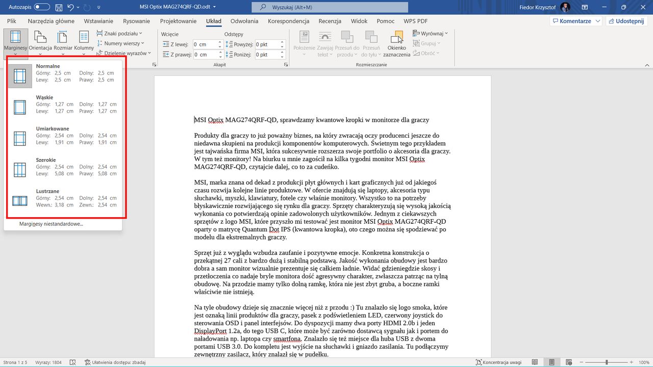 Microsoft Word: dostępne przykładowe ustawienia marginesów