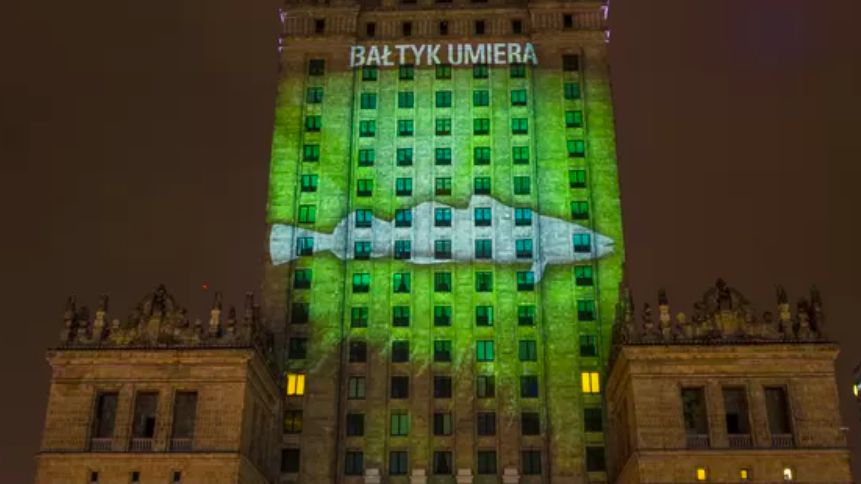 Warszawa. Dorsz na Pałacu Kultury i Nauki. Przypomina o zaniedbanym naturalnym potencjale Bałtyku