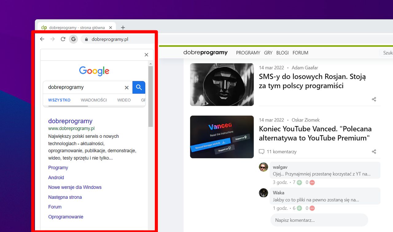 Boczny pasek wyszukiwania w Google Chrome