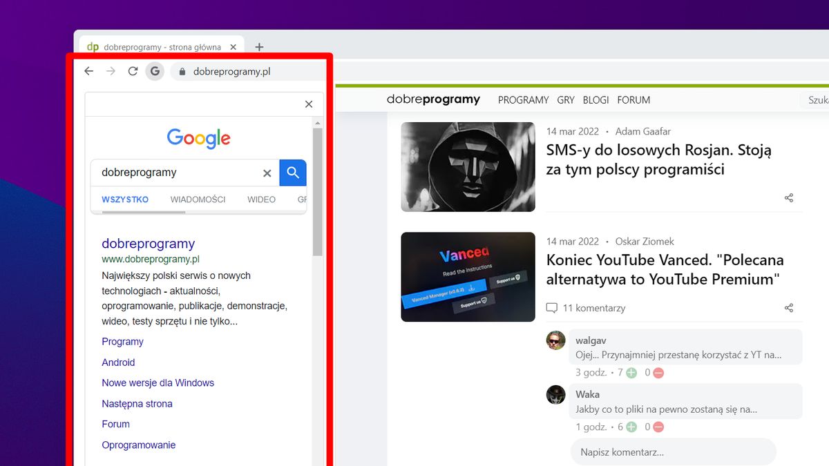 Boczny pasek wyszukiwania w Google Chrome