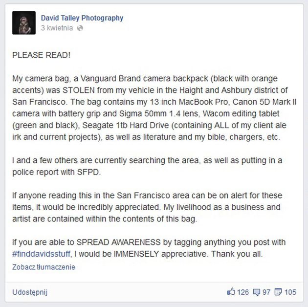 Wpis na facebooku z listą skradzionych rzeczy, jaki napisał David incydencie w San Francisco.