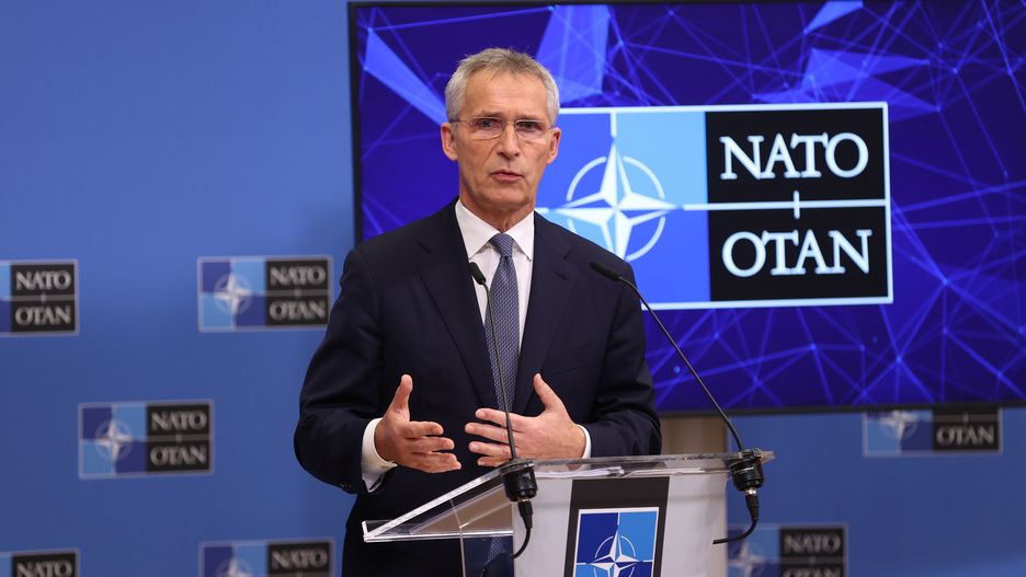 BRUSSELS, BELGIUM - OCTOBER 20: The NATO Secretary General Jens Stoltenberg gives press conference on the eve of NATO Defence Ministers Meeting at the NATO Headquarters in Brussels, Belgium on October 20, 2021. (Photo by Dursun Aydemir/Anadolu Agency via Getty Images)