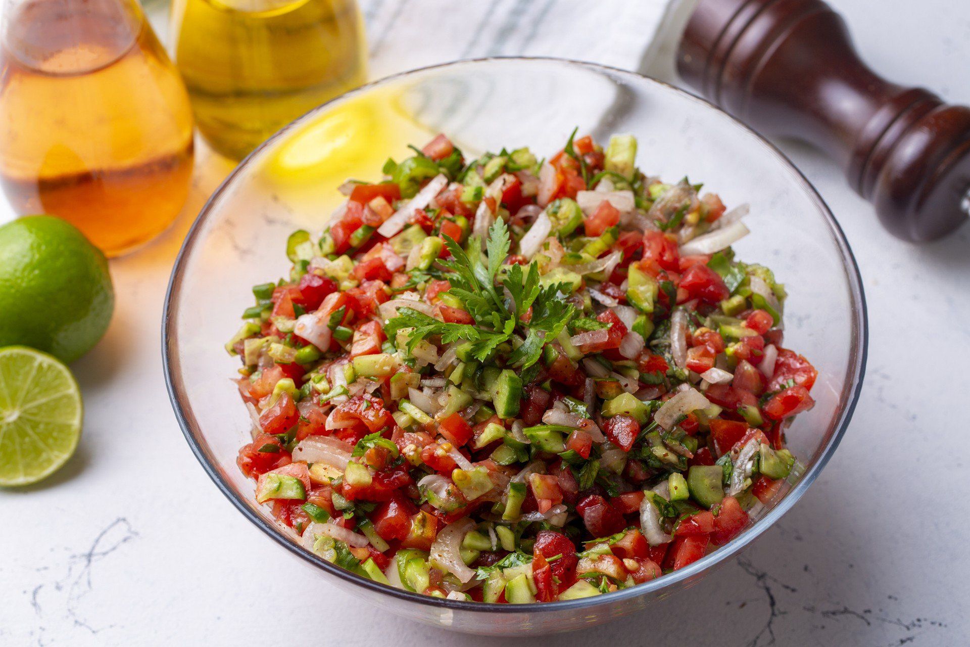 Turkish Shepards Salad with cucumber, tomato, red onion, pepper, parsley (Turkish name; kasik salata or coban salata )
