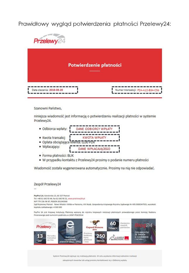 Wzór potwierdzenia przelewu z serwisu Przelewy 24, źródło: Kampania phishingowa Przelewy24.