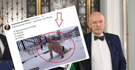 Janusz Korwin-Mikke "morsuje". W samych majtkach tarza się w śniegu [WIDEO]