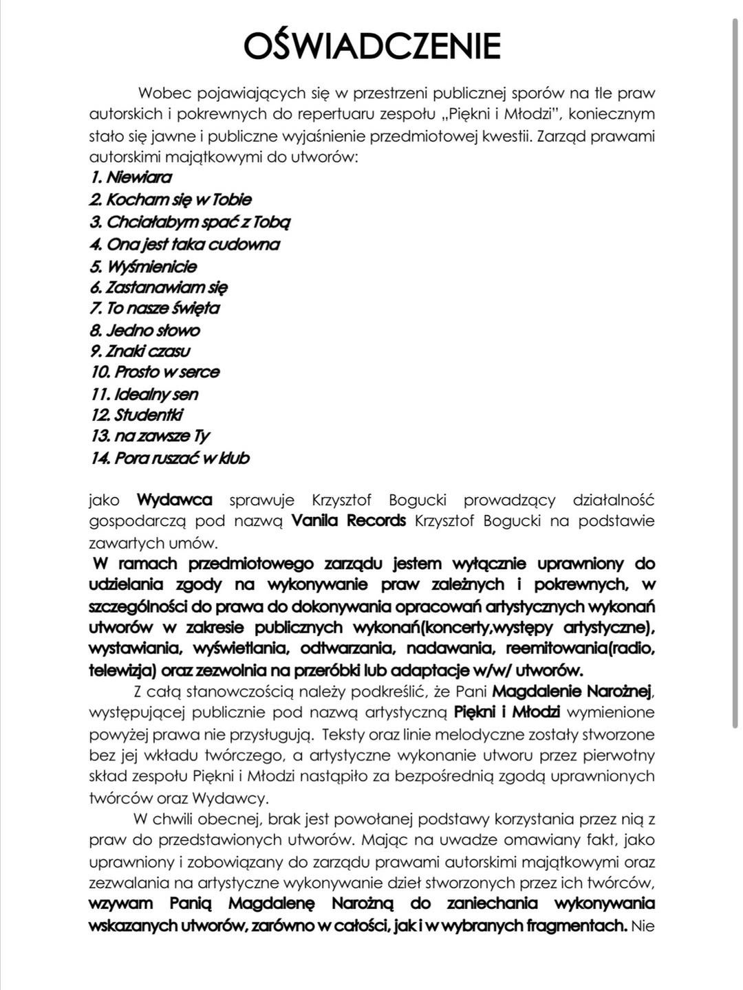 Fragment pisma udostępnionego przez Daniela Narożnego