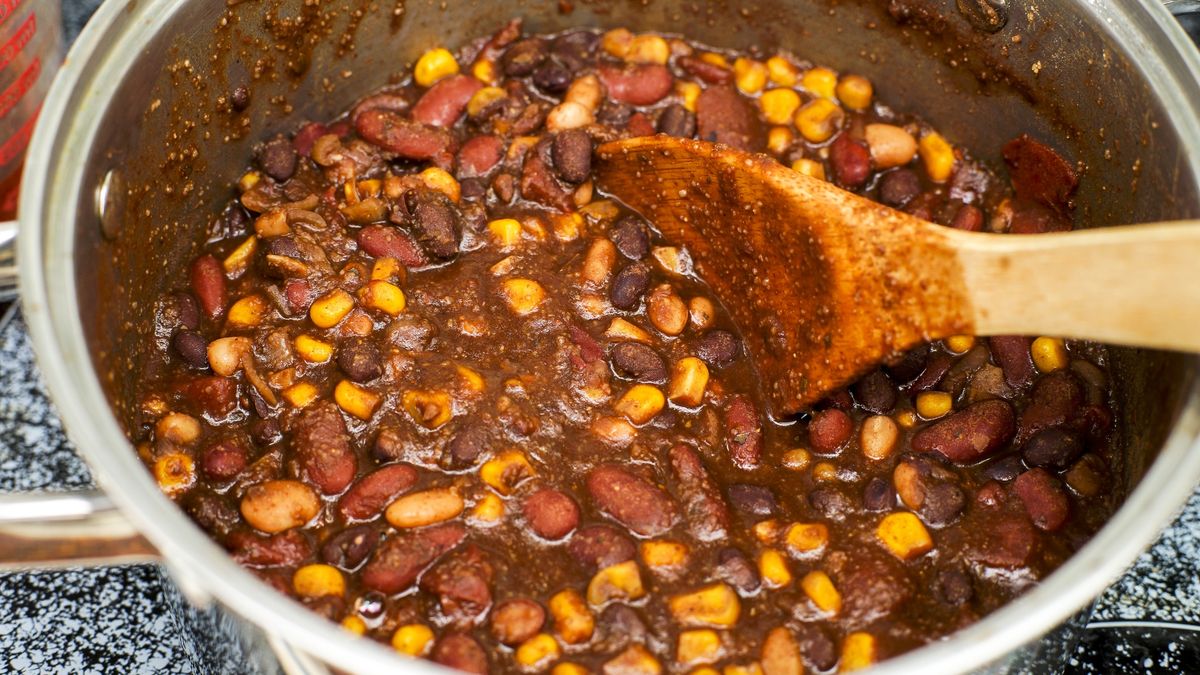 Vegetarian Chili in Cooking Pot
Vegetarian Chili in cooking pot being stired with large spoon.
dlerick