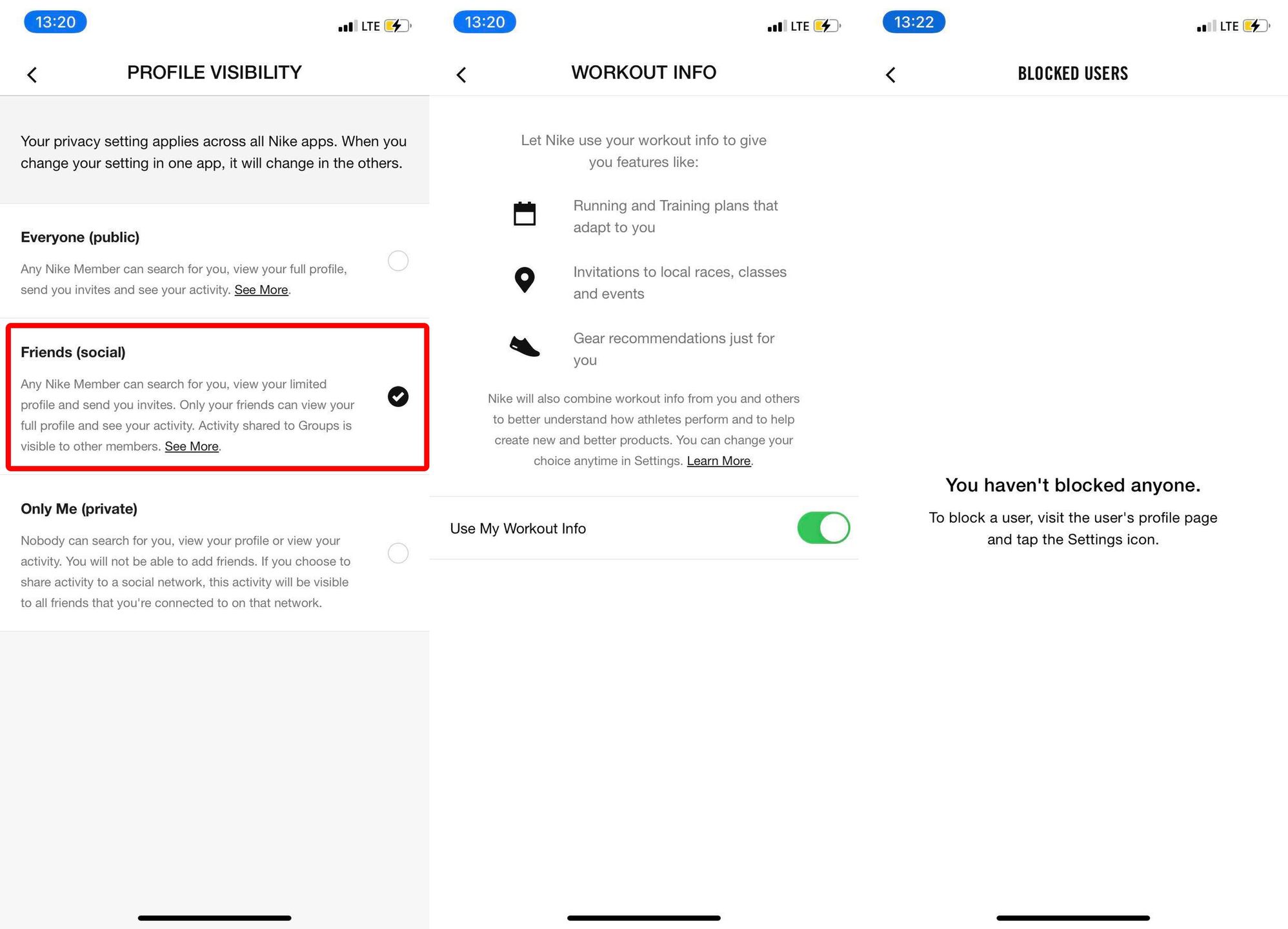 Opcje prywatności w Nike Run Club.
