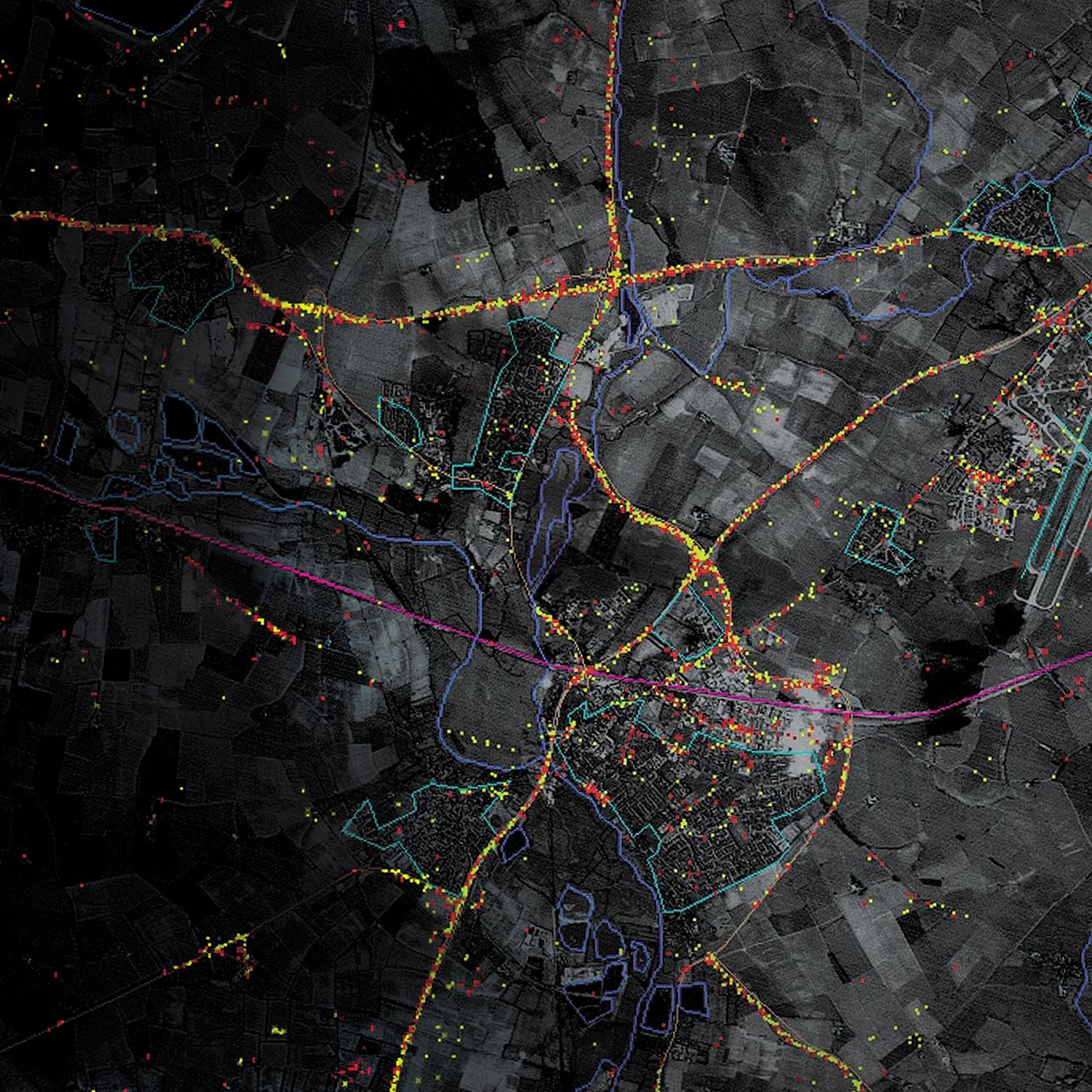Obrazowanie danych z radaru - kolorowe kropki naniesione na mapę to wykryte pojazdy i inne obiekty