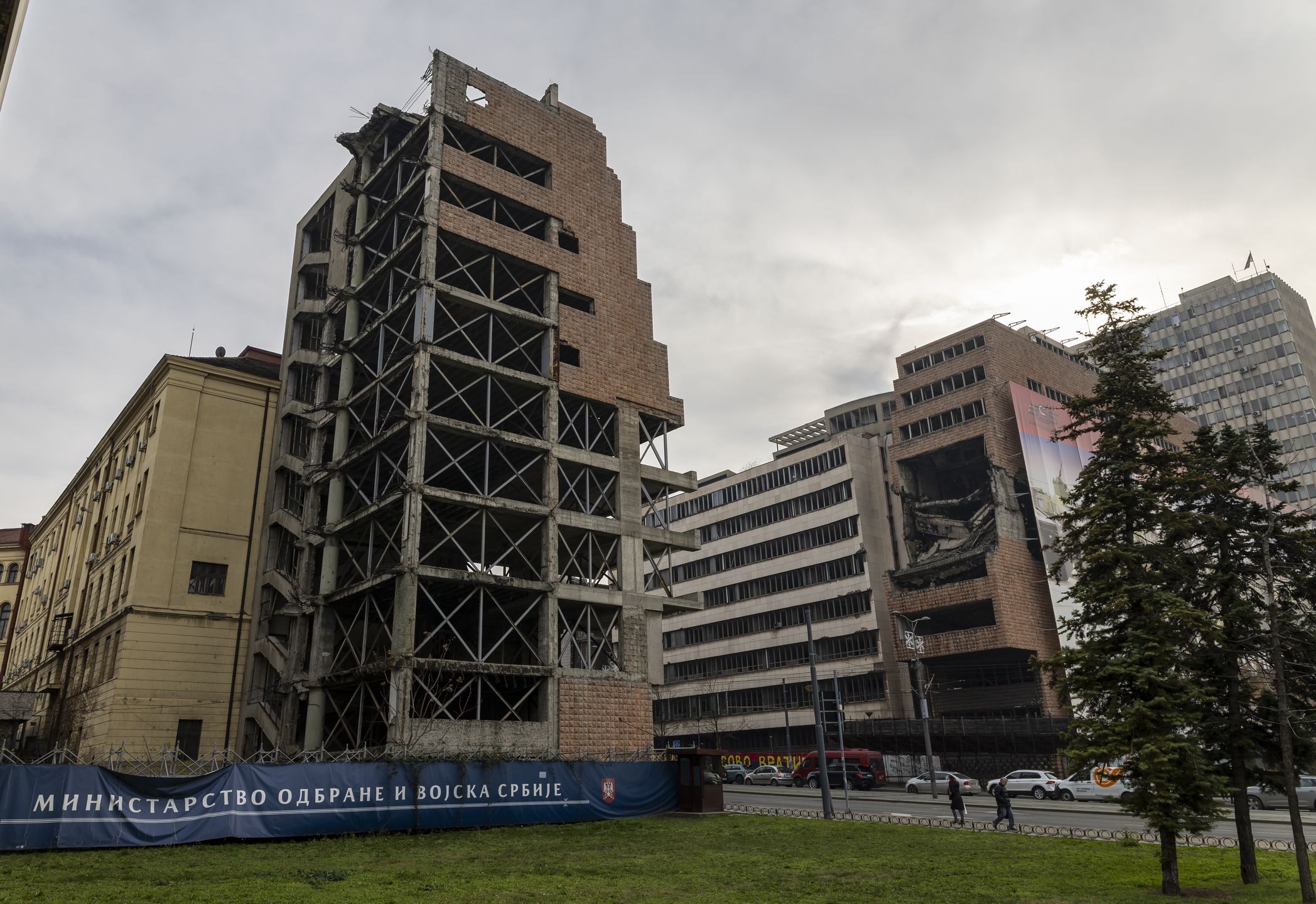 BELGRADE, SERBIA - DECEMBER 16: The former Yugoslav army headquarters, destroyed and now a site of a planned real-estate development featuring a Trump-branded hotel on December 16, 2025 in Belgrade, Serbia. Yesterday, four Serbian government officials were charged with corruption in relation to the real-estate development, which was backed by a private equity firm led by President Trump's son-in-law Jared Kushner. After the charges were announced, the firm, Affinity Partners, said it was withdrawing from the project. (Photo by Srdjan Stevanovic/Getty Images)