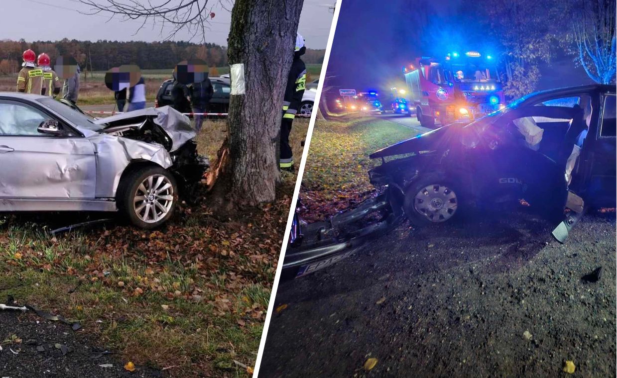 Zginął kierowca. Jedno auto na drzewie, drugie na przystanku