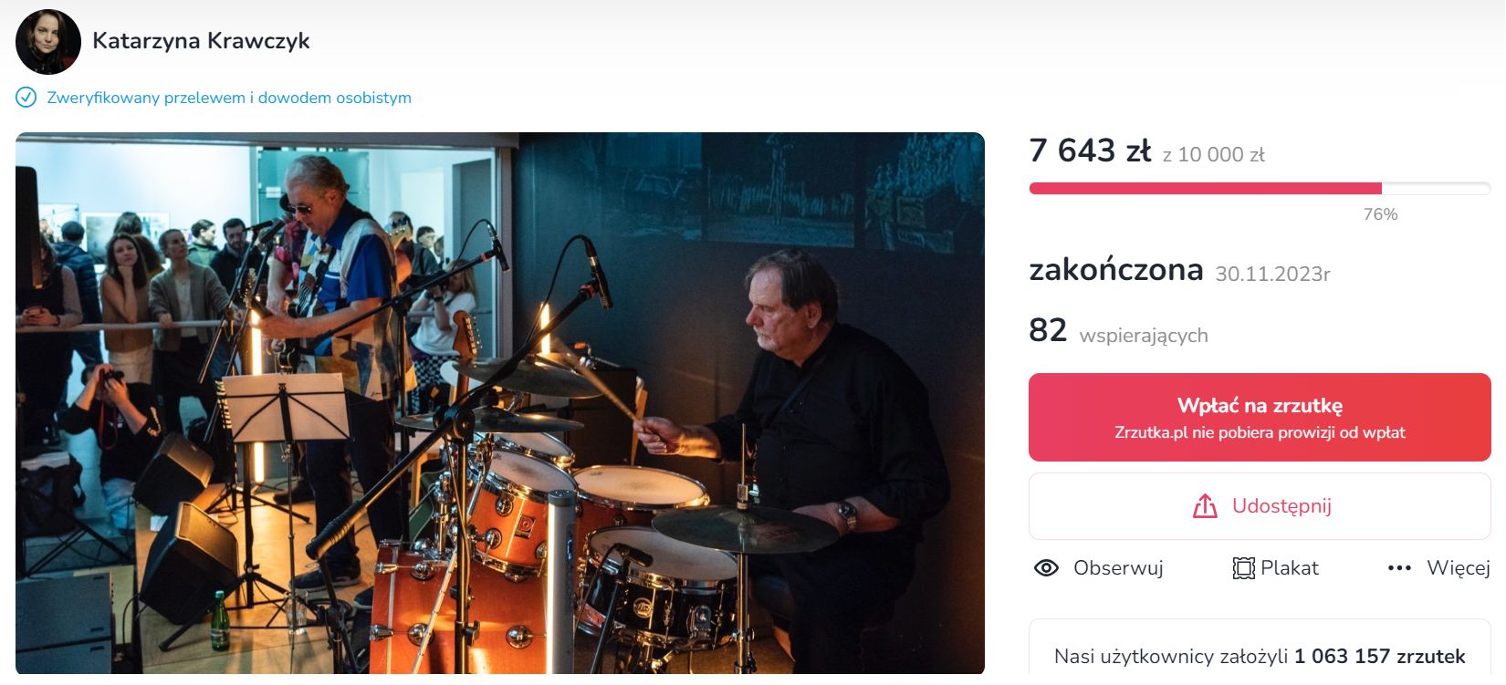 Screen zbiórki z portalu zrzutka.pl