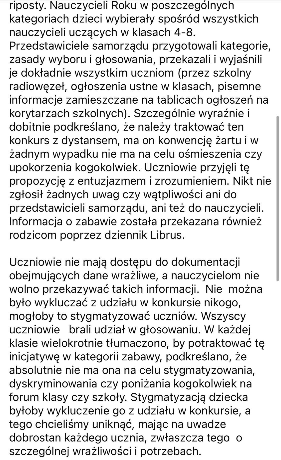 Oświadczenie dyrektorki szkoły