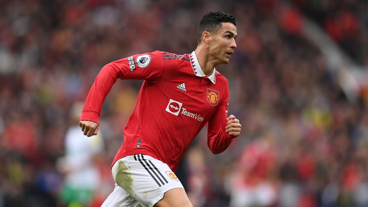 MANCHESTER, ENGLAND - OCTOBER 16: Manchester United striker Cristiano Ronaldo in action during the Premier League match between Manchester United and Newcastle United at Old Trafford on October 15, 2022 in Manchester, England. (Photo by Stu Forster/Getty Images)