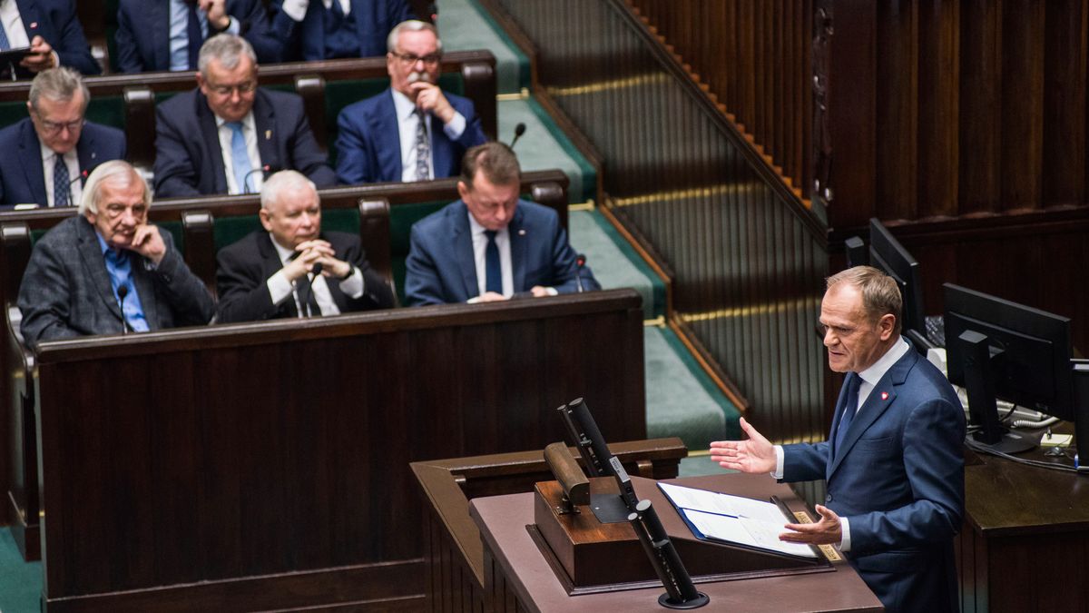 WARSAW, MASOVIAN VOIVODESHIP, POLAND - 2023/12/12: Donald Tusk at his inaugural speech as PM during the session of the parliament (Sejm). Donald Tusk presented his government to the Polish parliament (Sejm) as he became the new prime minister. Poland's newly elected PM said in his inaugural speech to parliament that he will demand full mobilization of the West to help Ukraine and also that xenophobia and anti-LGBTQ rhetoric will end and the time to be happy in Poland has come. Also, Tusk assured that the position of Poland at the European stage would be rebuilt. (Photo by Attila Husejnow/SOPA Images/LightRocket via Getty Images)