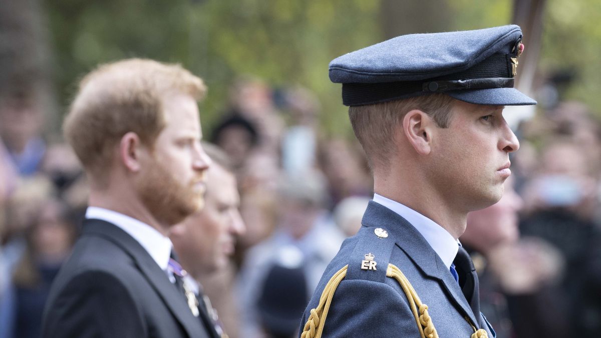 LONDON, UNITED KINGDOM â SEPTEMBER 19: William (R), Prince of Wales and Prince Harry (L), Duke of Sussex walk behind the coffin of Queen Elizabeth II as it travels in a procession from Westminster Abbey to Wellington Arch in London, United Kingdom on September 19, 2022. The state funeral of Queen Elizabeth II, Britainâs longest reigning monarch, is expected to be watched by millions of people in the UK and abroad with hundreds of thousands lining the streets in London and Windsor to pay their respects on her final journey. (Photo by Rasid Necati Aslim/Anadolu Agency via Getty Images)
