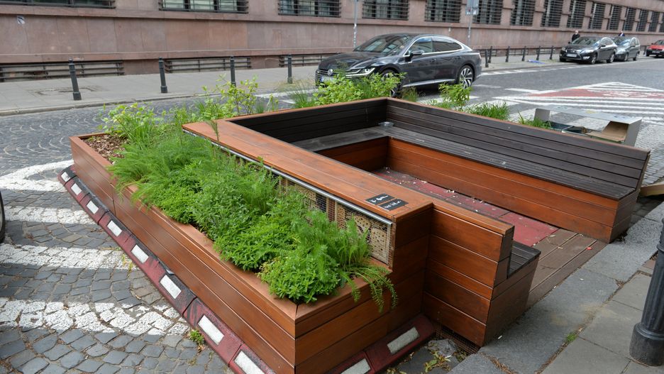 Warszawa. Mini park na wydzielonym pasie jezdni zbudowany w ramach budżetu obywatelskiego