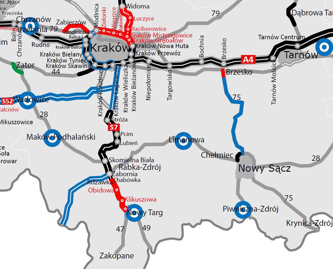 Droga z Krakowa do Zakopanego, na czerwono zaznaczono odcinki w realizacji