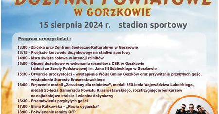 Dożynki powiatu krasnostawskiego w Gorzkowie 2024. Gwiazdą imprezy zespół Menelaos. Zobacz godzinowy program