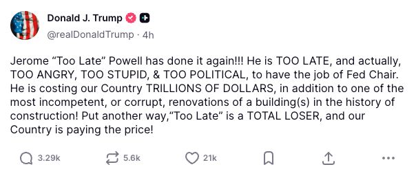 Wpis Donalda Trumpa na portalu Truth Social