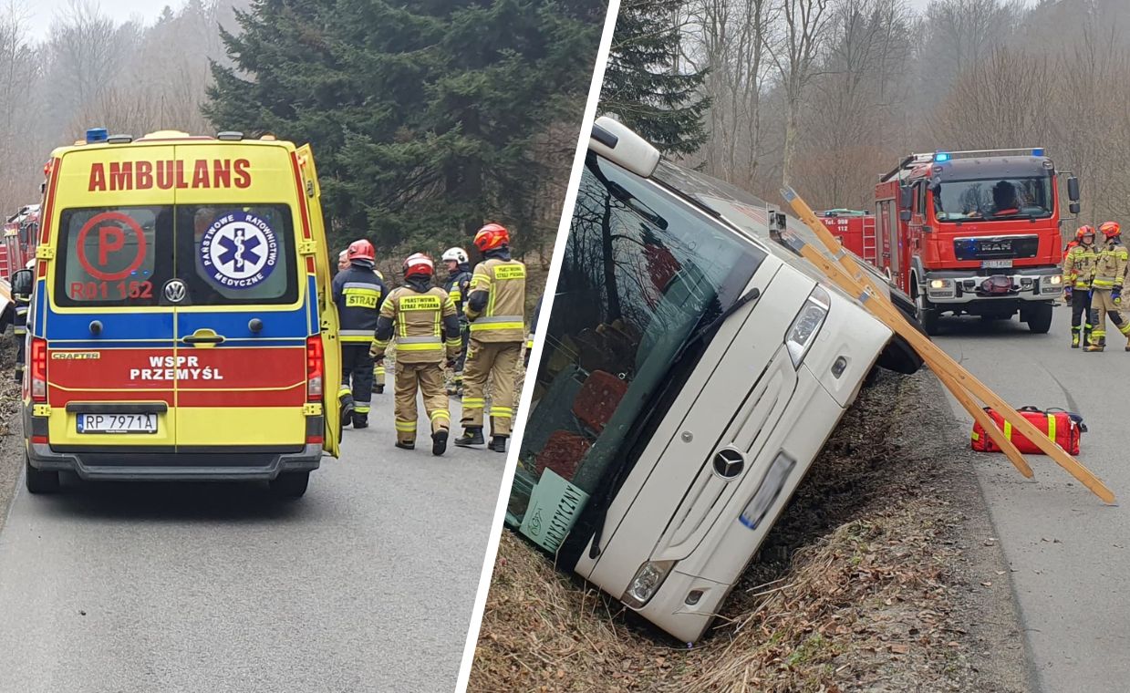 Wypadek autobusu na Podkarpaciu. Wysłano 3 śmigłowe LPR