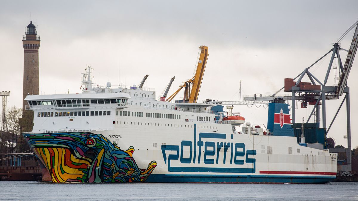 SWINOUJSCIE, POLAND - 2021/11/17: MS Cracovia, a passenger and car ferry, departs from the Port of Swinoujscie.
Mariusz Waras decorated the whale graphic on the ship's bow. The graphic design is related to the stained glass windows by Stanislaw Wyspianski. The Port of Swinoujscie is a Polish seaport in the Baltic Sea. (Photo by Karol Serewis/SOPA Images/LightRocket via Getty Images)