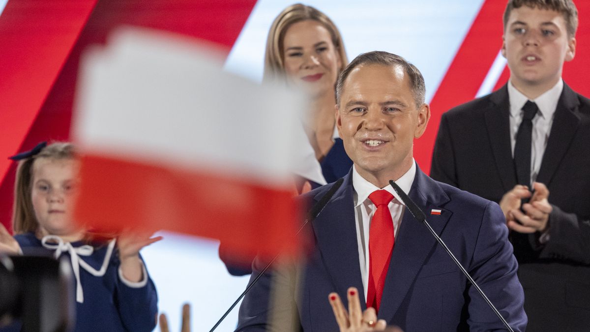Polish presidential candidate Karol Nawrocki supported by the Law and Justice party after the second round of voting in Poland's presidential election during an election night with family, in Warsaw, Poland, 1 June 2025.
 (Photo by Andrzej Iwanczuk/NurPhoto via Getty Images)