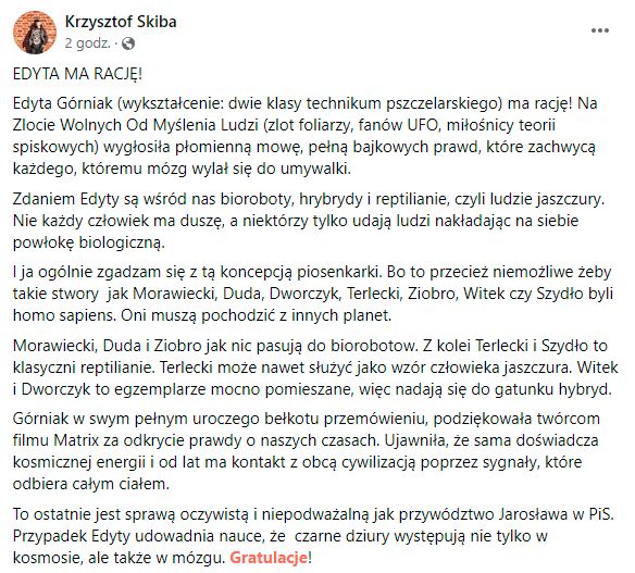 Wpis Krzysztofa Skiby na Facebooku