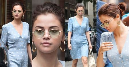 Skromna Selena Gomez w błękitnej sukience