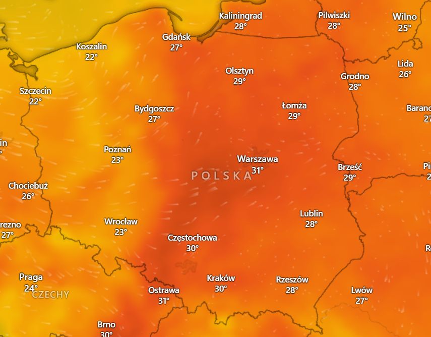 Prognozowane temperatury w poniedziałek i wtorek (22-23.07)