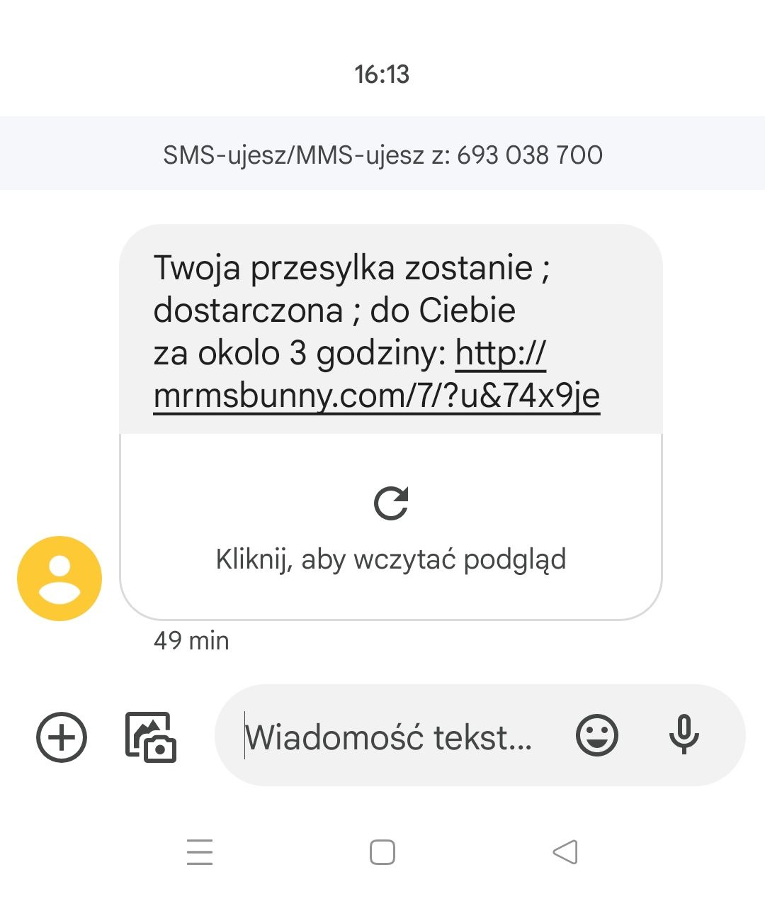 Fałszywy SMS o zamówieniu lub paczce