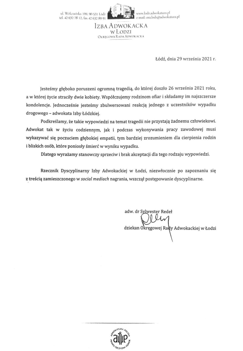 Oświadczenie łódzkiej Rady Adwokackiej
