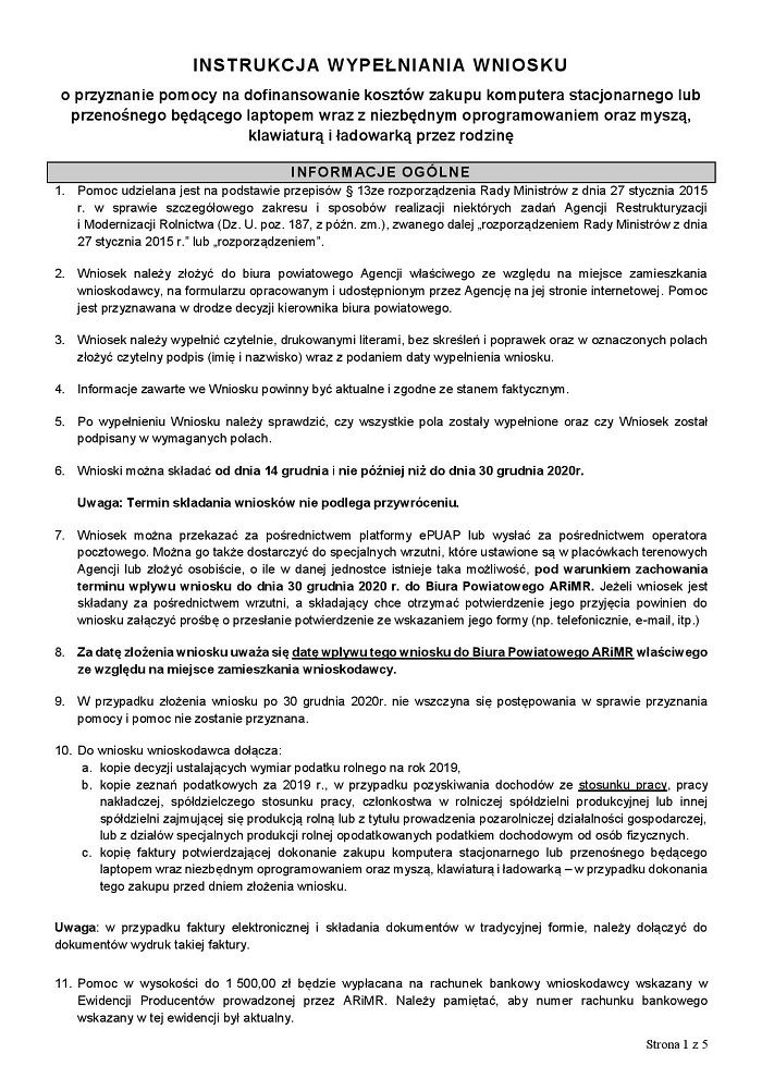 Instruckaj wypełniania wniosku o przyznanie pomocy na dofinansowanie kosztów zakupu komputera stacjonarnego lubprzenośnego będącego laptopem wraz z niezbędnym oprogramowaniem oraz myszą, klawiaturą i ładowarką przez rodzinę