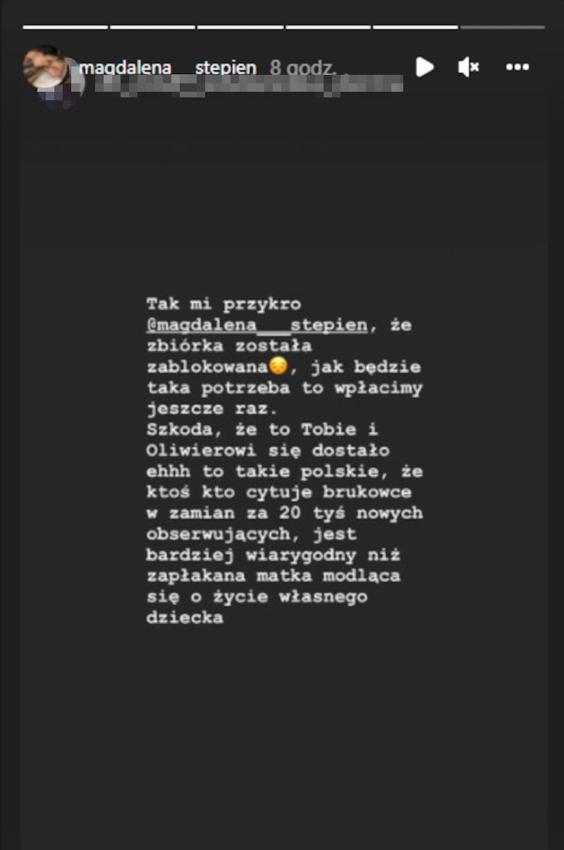 Magdalena Stępień udostępnia informacje o zablokowaniu jej zbiórki 