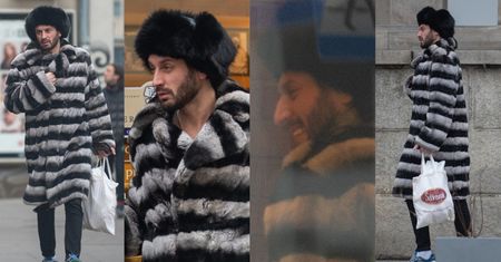 "Modny" Rafał Grabias z "Królowych życia" idzie po bułki w wielkiej futrzanej czapie i (naturalnym?) futrze (ZDJĘCIA)