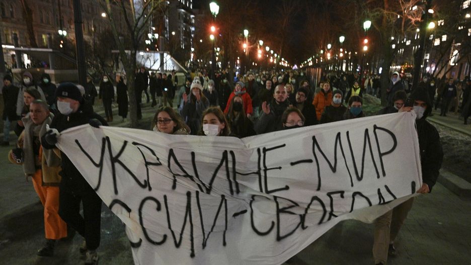 TemporaryDemonstrators march with a banner that reads: "Ukraine - Peace, Russia - Freedom", in Moscow, Russia, Thursday, Feb. 24, 2022, after Russia's attack on Ukraine. Hundreds of people gathered in the center of Moscow on Thursday, protesting against Russia's attack on Ukraine. Many of the demonstrators were detained. Similar protests took place in other Russian cities, and activists were also arrested. (AP Photo/Dmitry Serebryakov)AP