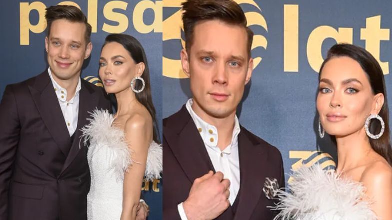 Poważny Michał Mikołajczak i świecąca Edyta Zając strzelają pozy na urodzinach Polsatu