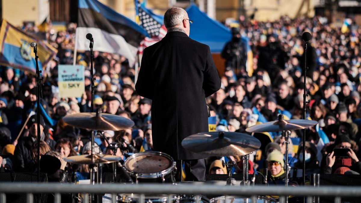 FREEDOM SQUARE, TALLINN, ESTONIA - 2022/02/26: President of Estonia, Alar Karis speaks during a protest against Russian invasion of Ukraine at the Freedom Square in Tallinn. (Photo by Hendrik Osula/SOPA Images/LightRocket via Getty Images)