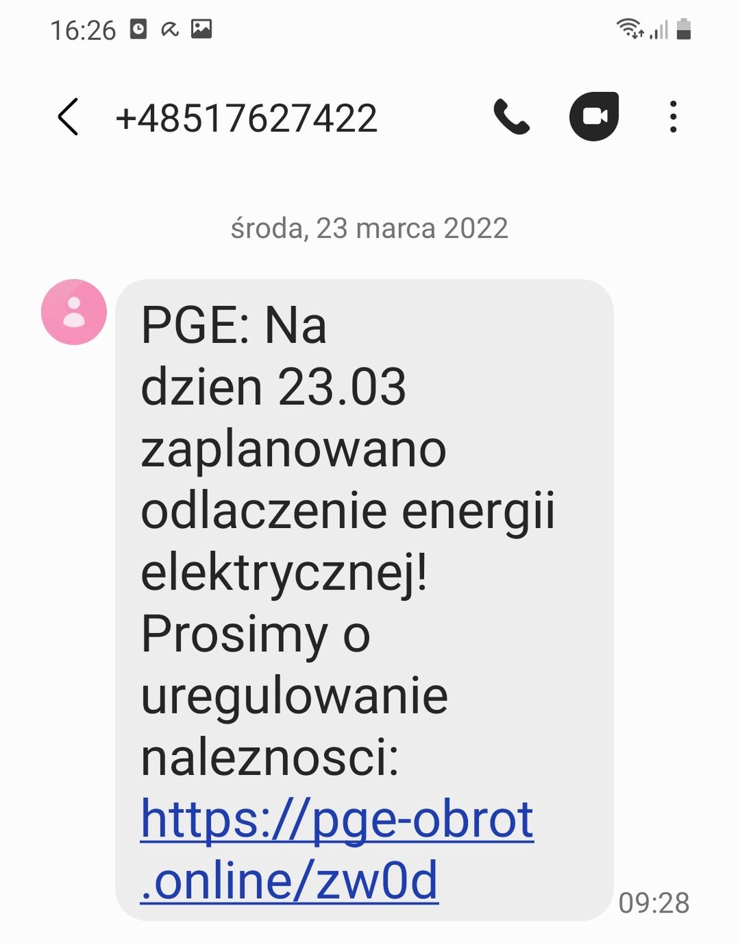 Fałszywy SMS o odłączeniu energii elektrycznej