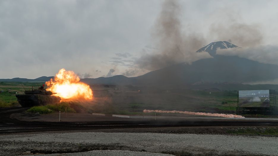 GOTEMBA, JAPAN - JUNE 8:  A Japan Ground Self-Defense Force (JGSDF) battle tank fires ammunition during a live-fire exercise at the East Fuji Maneuver Area on June 08, 2025, in Gotemba, Shizuoka Prefecture, Japan. The annual drill took place after Japanese Prime Minister Shigeru Ishiba stated in March that Japan should increase its defense spending to at least 3% of GDP as soon as possible, in response to pressure from the United States. (Photo by Tomohiro Ohsumi/Getty Images)