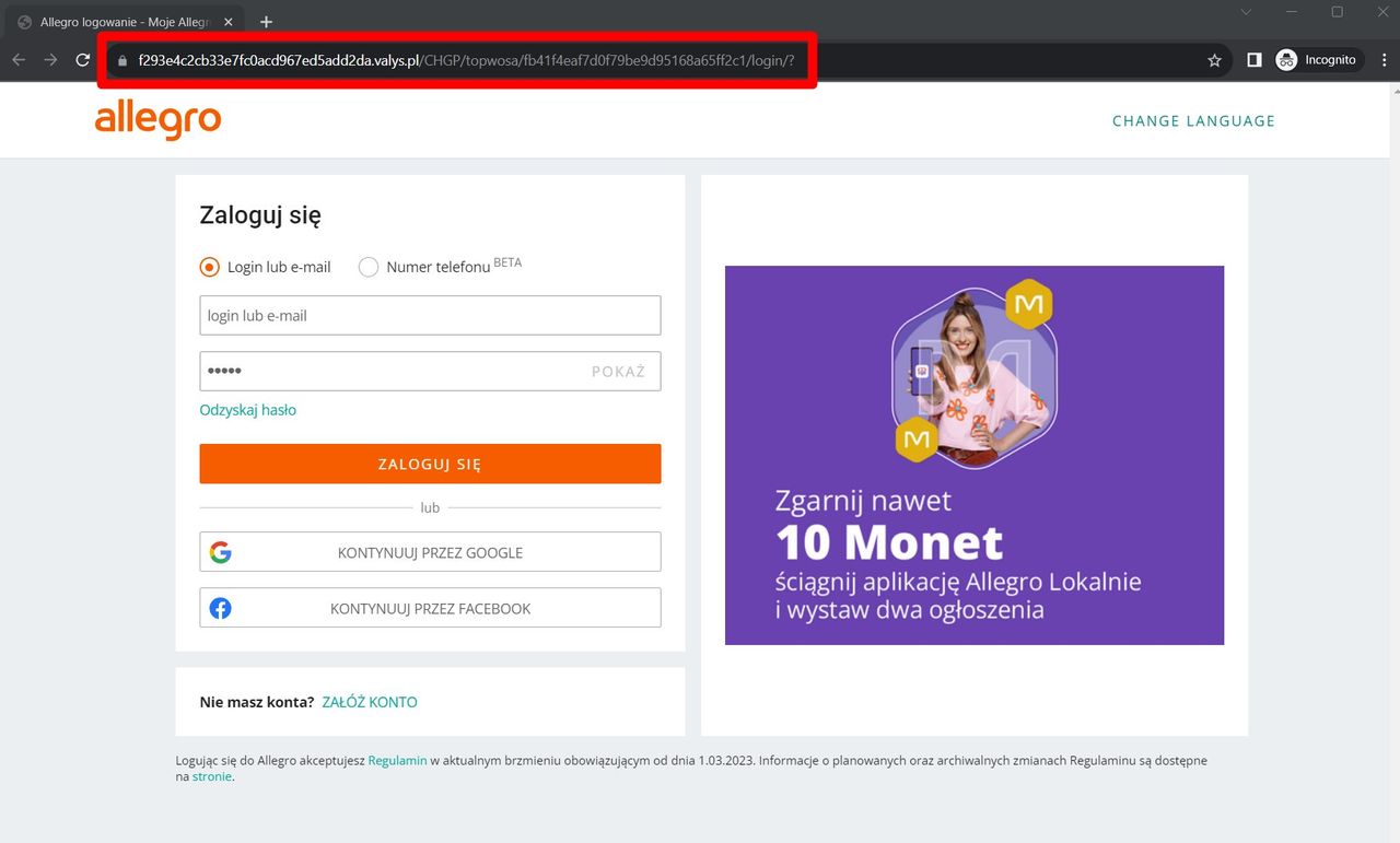 Fałszywa strona logowania Allegro