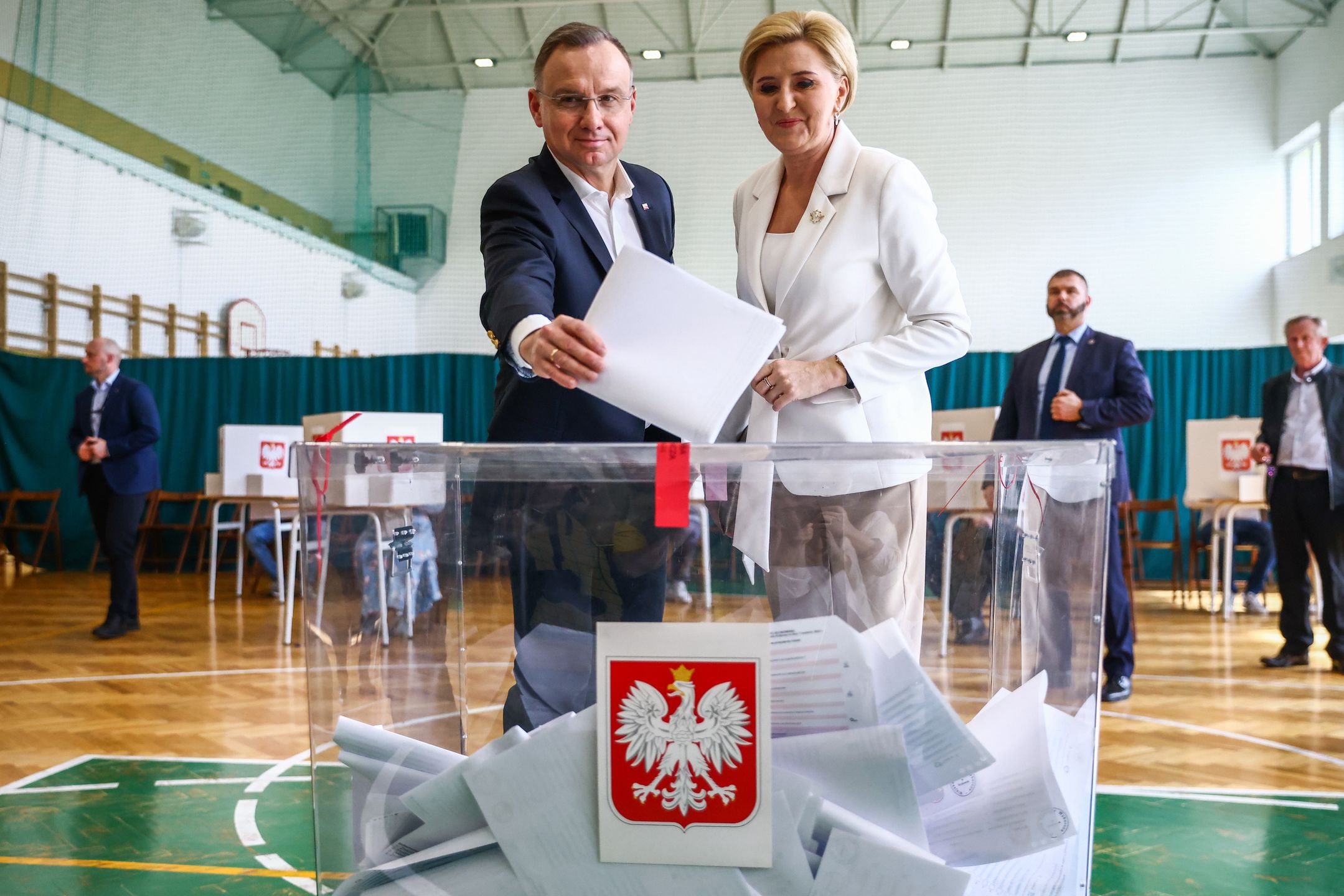 Andrzej Duda, the President of Poland, and his wife, Agata Kornhauser-Duda, cast their ballots at a polling station in Polish local elections on April 7th in Krakow, Poland. (Photo by Beata Zawrzel/NurPhoto via Getty Images)