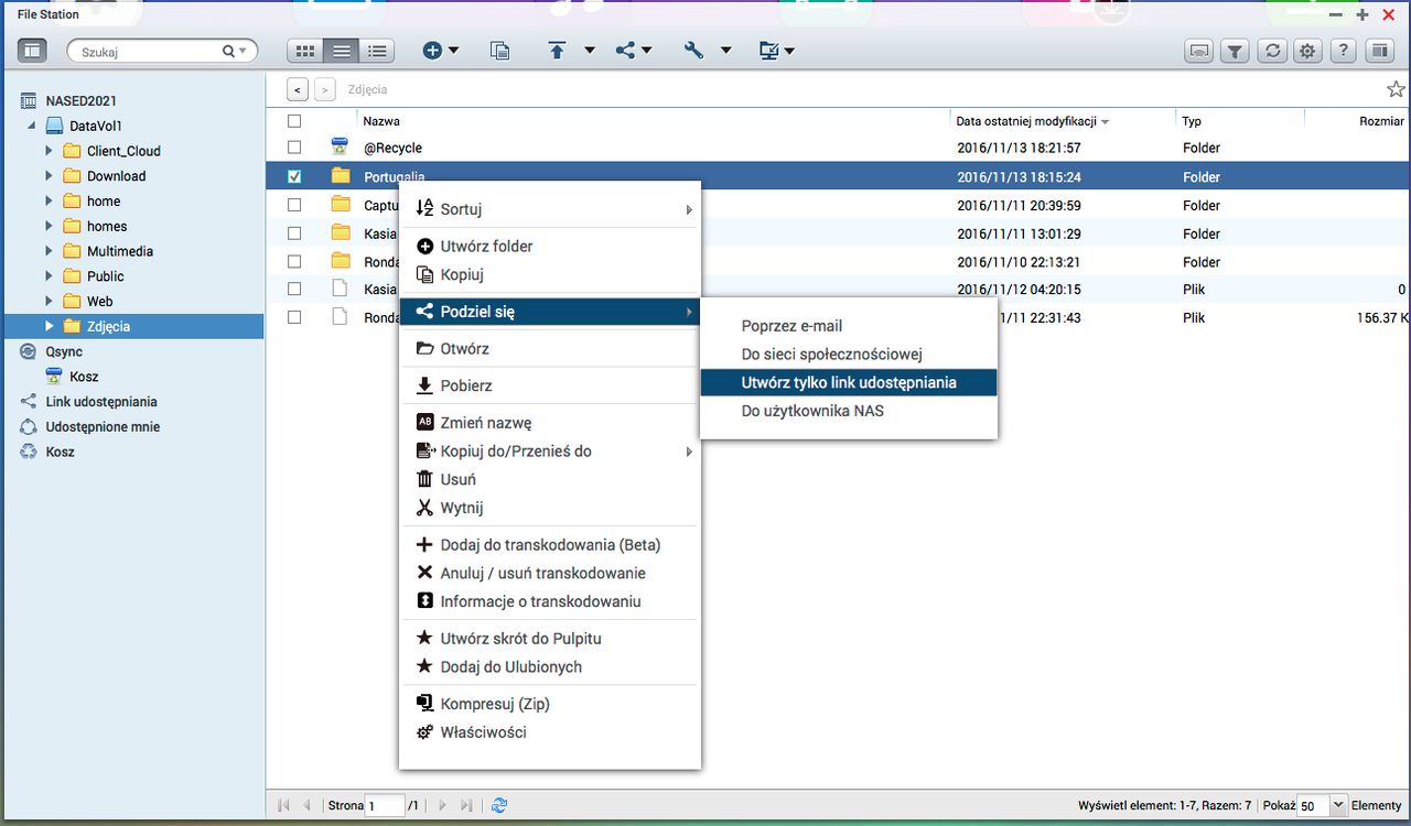Korzystając z systemu QTS, korzystamy z przeglądarki File Station, gdzie mamy kilka możliwości udostępniania naszych plików.