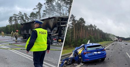 Całkowicie zablokowana droga. Śmiertelny wypadek, samochód spłonął