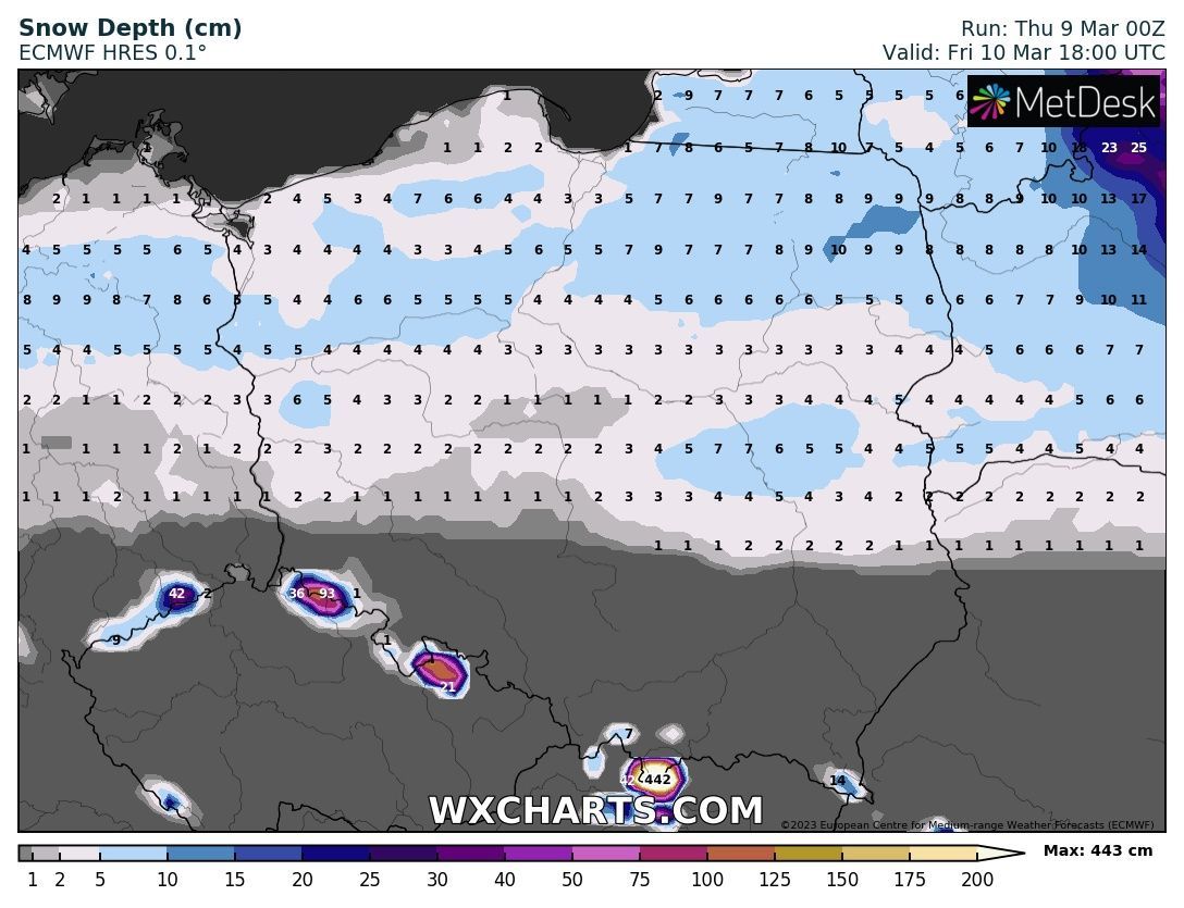 Przyrost pokrywy śnieżnej w Polsce 10 marca, godzina 19:00