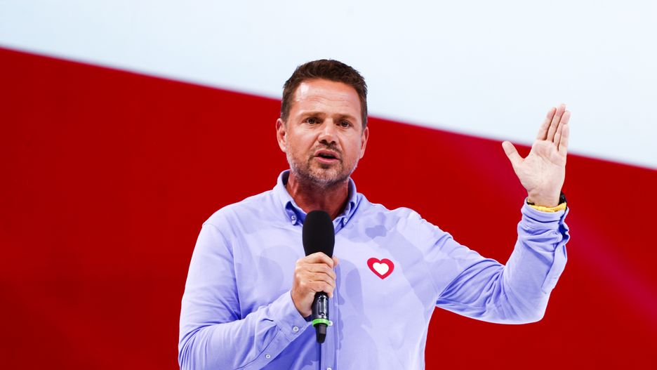 Rafal Trzaskowski, the mayor of Warsaw, speaks during Civic Coalition convention in Arena Jaskolka in Tarnow, Poland.  The meeting was held under the slogan '100 policies for 100 days''. Opposition politicians presented their programme for the first 100 days after winning the parliamentary elections, which will be held on October 15th this year in Poland.  (Photo by Beata Zawrzel/NurPhoto via Getty Images)