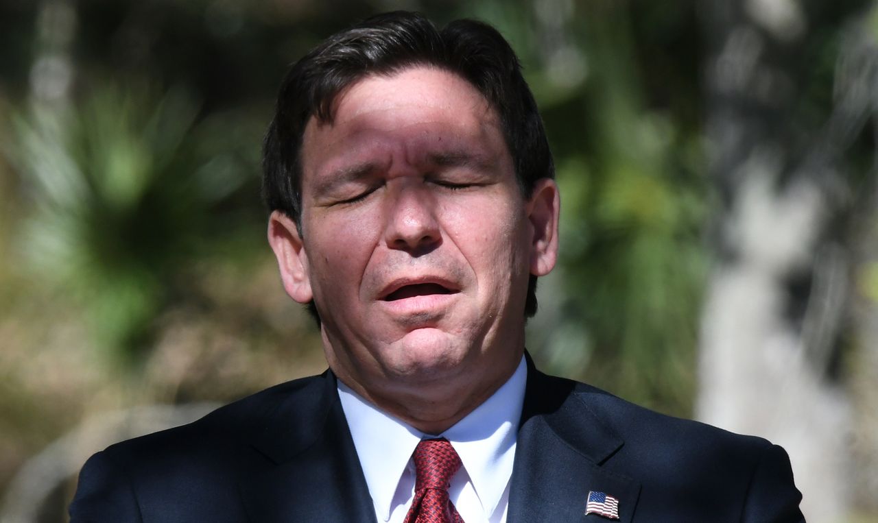 ORANGE CITY, FLORIDA, UNITED STATES - 2024/02/06: Florida Gov. Ron DeSantis reacts when asked whether he would run for the U.S. Senate seat held by Rick Scott during a press conference at Blue Springs State Park in Orange City. During his remarks, DeSantis highlighted the state's successful efforts to protect Florida's manatees and improve water quality. (Photo by Paul Hennessy/SOPA Images/LightRocket via Getty Images)