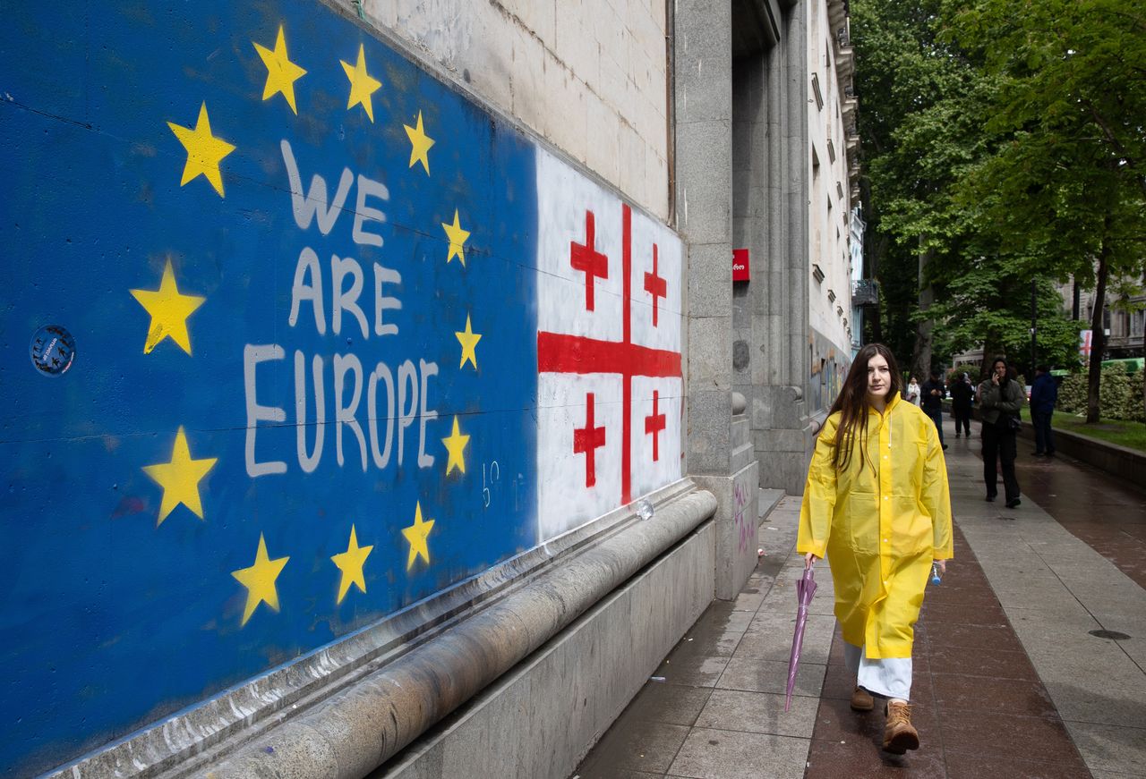 Street graffiti reading "We Are Europe" in Tbilisi, Georgia, on Monday, May 13, 2024. Georgia's president Salome Zourabichvili warned the country may lose its chance to join the European Union if the government pushes ahead with a controversial "foreign agent" law in the face of huge protests. Photographer: Andrey Rudakov/Bloomberg via Getty Images